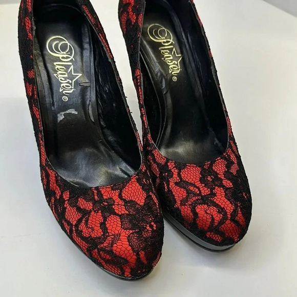 Pleaser Bliss-30-2 Platform Pump High Heel Shoes Lace Black Red Women's Size 7 - Picture 3 of 10